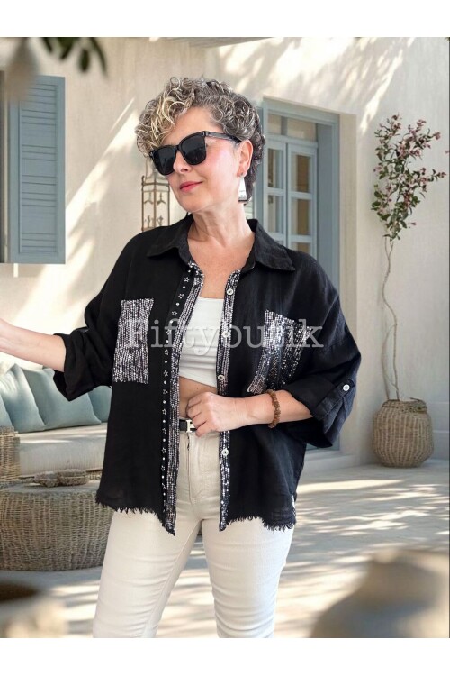 Afro  İtalyan Vip Pul Payet Detay Gömlek Ceket Siyah