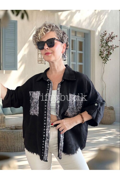 Afro  İtalyan Vip Pul Payet Detay Gömlek Ceket Siyah