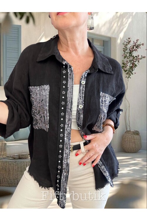 Afro  İtalyan Vip Pul Payet Detay Gömlek Ceket Siyah