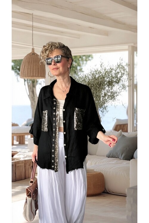 Afro  İtalyan Vip Pul Payet Detay Gömlek Ceket Siyah