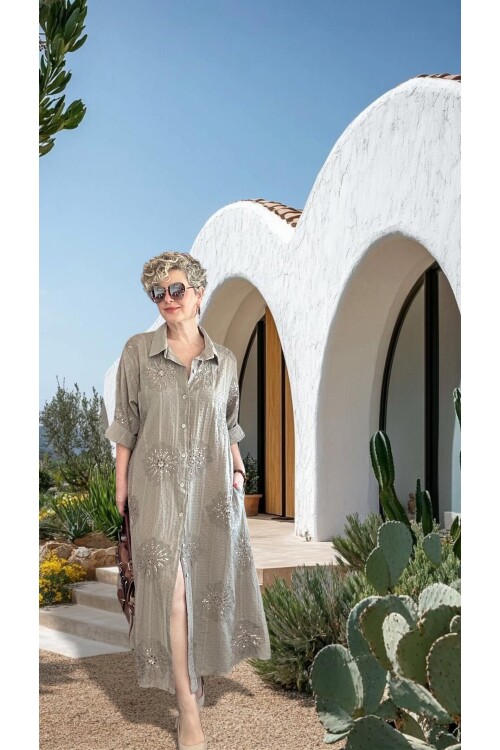 Alba Artizan Doku İtalyan Pul Detaylı Gömlek  Elbise Kap Fango