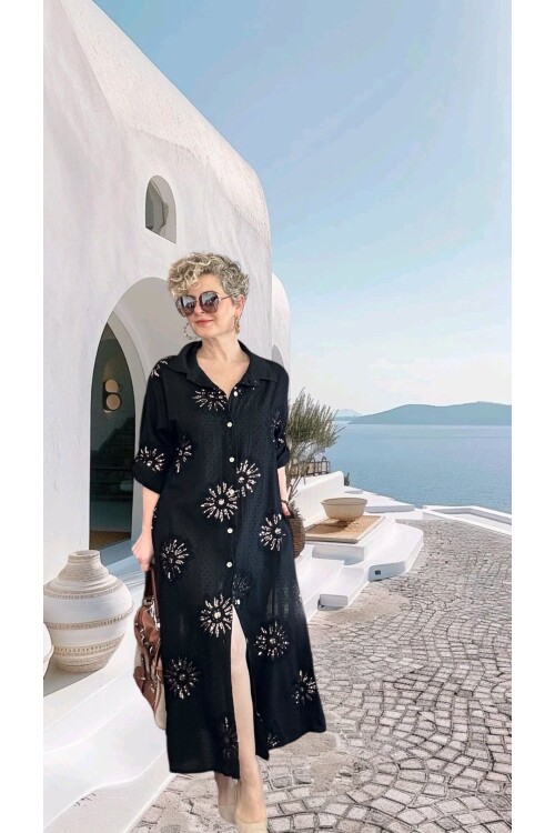 Alba Artizan Doku İtalyan Pul Detaylı Gömlek  Elbise Kap Siyah