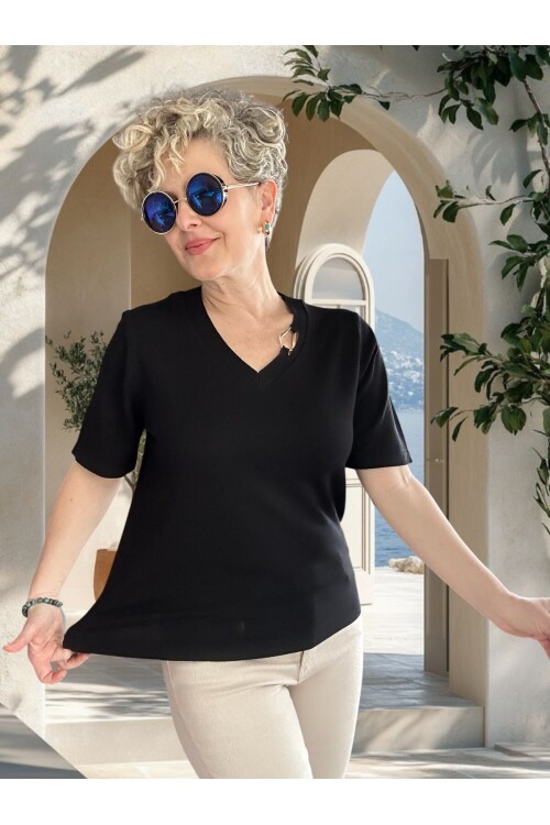 Auro Metal Toka Detaylı V Yaka Triko Bluz Siyah