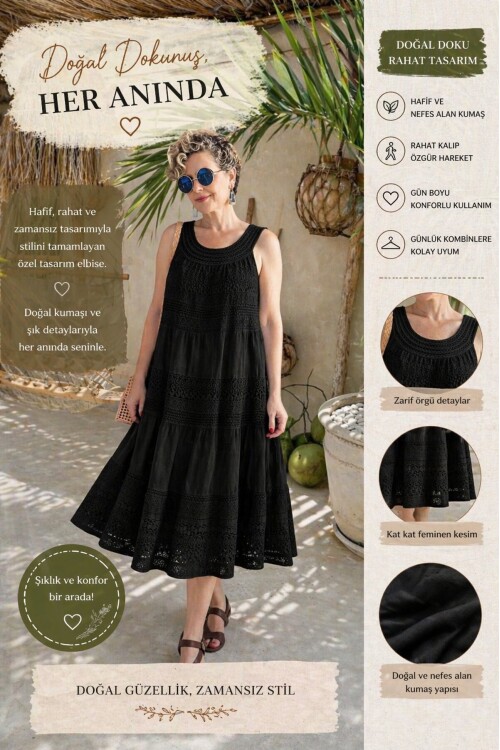 Azur İtalyan Dantel Detay Elbise Siyah