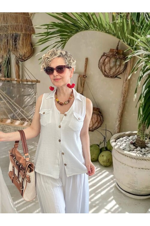 Bellas Artizan Tasarım V Yaka Düğmeli Yelek Beyaz