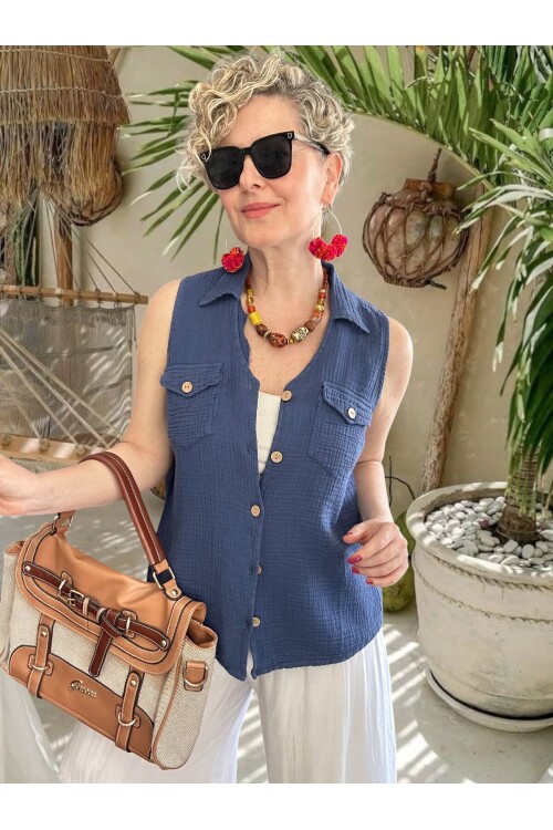 Bellas Artizan Tasarım V Yaka Düğmeli Yelek İndigo