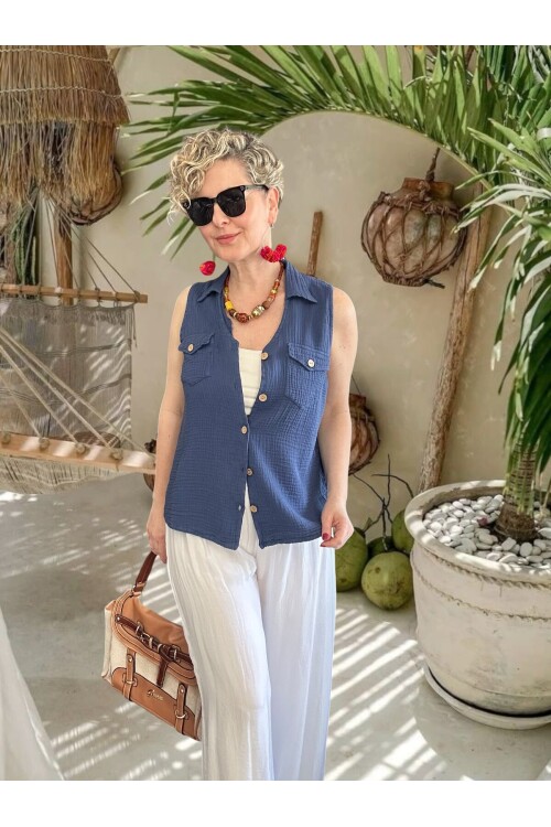 Bellas Artizan Tasarım V Yaka Düğmeli Yelek İndigo