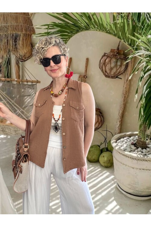 Bellas Artizan Tasarım V Yaka Düğmeli Yelek Kahve