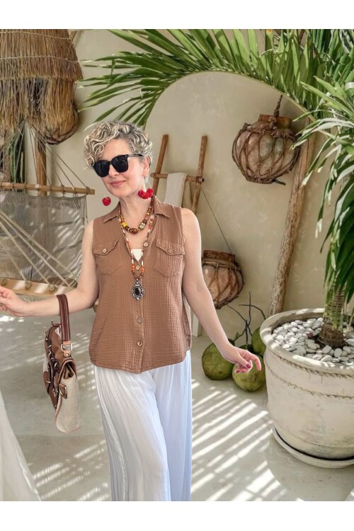 Bellas Artizan Tasarım V Yaka Düğmeli Yelek Kahve