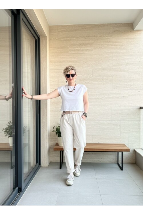 Betty İtalyan Balon Kemerli Pantolon Beige