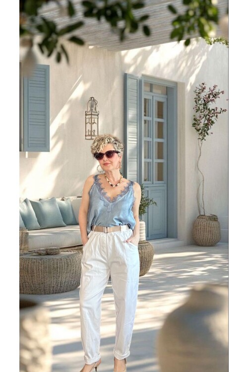 Betty İtalyan Balon Kemerli Pantolon Beyaz