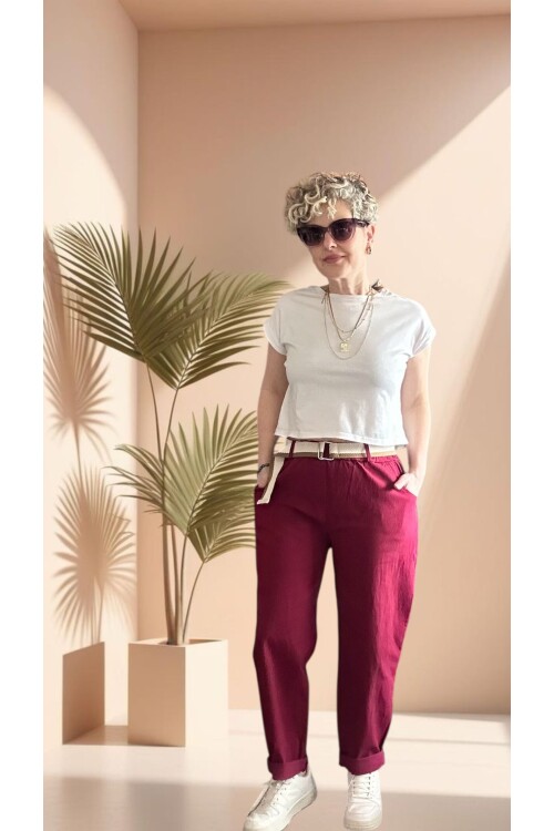 Betty İtalyan Balon Kemerli Pantolon İndian Red