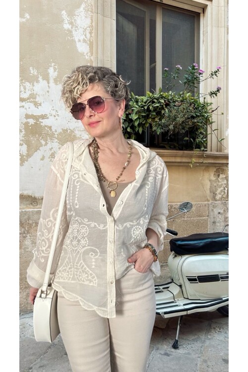 Bohho İthal Kapüşonlu Nakışlı Gömlek Ceket Ekru