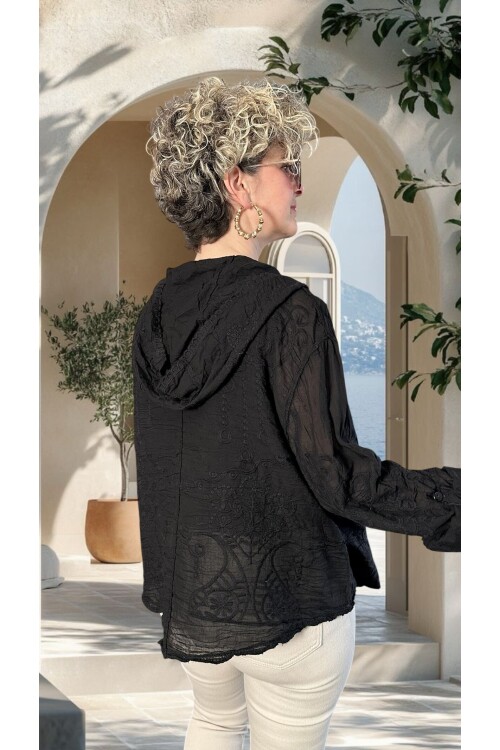 Bohho İthal Kapüşonlu Nakışlı Gömlek Ceket Siyah