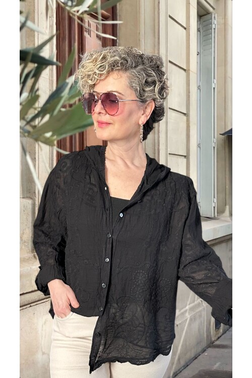 Bohho İthal Kapüşonlu Nakışlı Gömlek Ceket Siyah