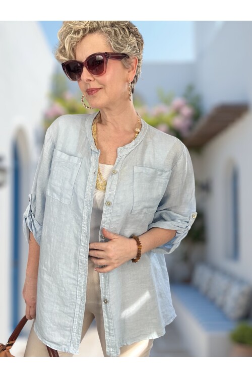 Brezza Payet İşlemeli & Sırtı Güpürlü Premium Linen Gömlek Bebe Mavi