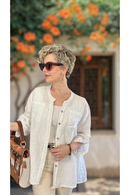 Brezza Payet İşlemeli & Sırtı Güpürlü Premium Linen Gömlek Beyaz