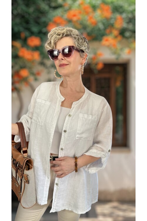 Brezza Payet İşlemeli & Sırtı Güpürlü Premium Linen Gömlek Beyaz