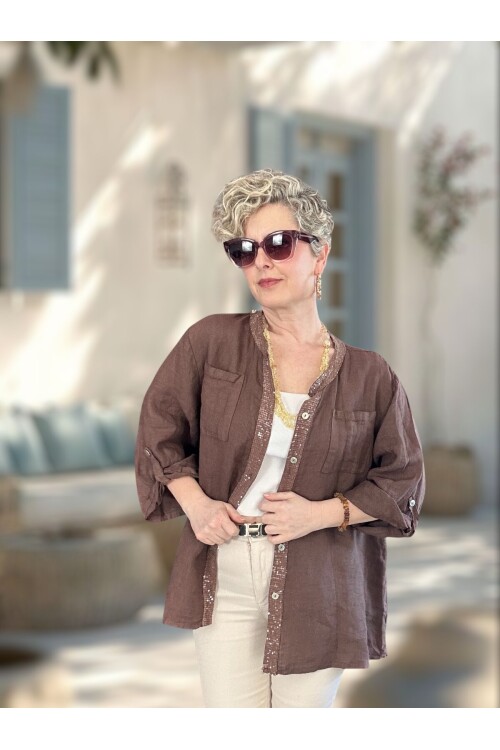 Brezza Payet İşlemeli & Sırtı Güpürlü Premium Linen Gömlek Kahverengi