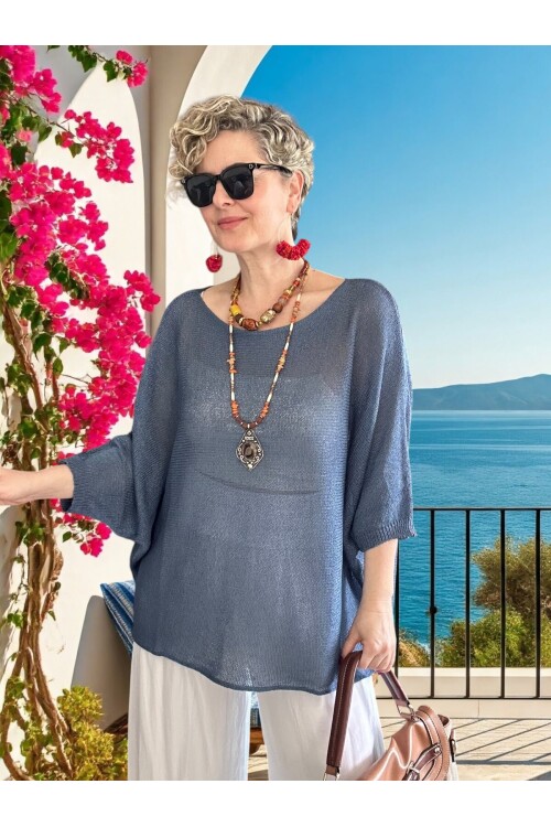 Busse Kayık Yaka Salaş Merserize Bluz İndigo