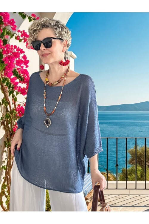 Busse Kayık Yaka Salaş Merserize Bluz İndigo