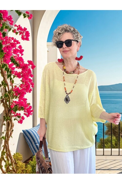 Busse Kayık Yaka Salaş Merserize Bluz Sarı