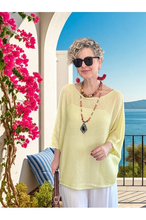 Busse Kayık Yaka Salaş Merserize Bluz Sarı