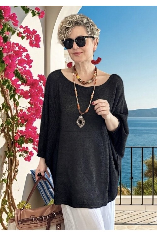 Busse Kayık Yaka Salaş Merserize Bluz Siyah