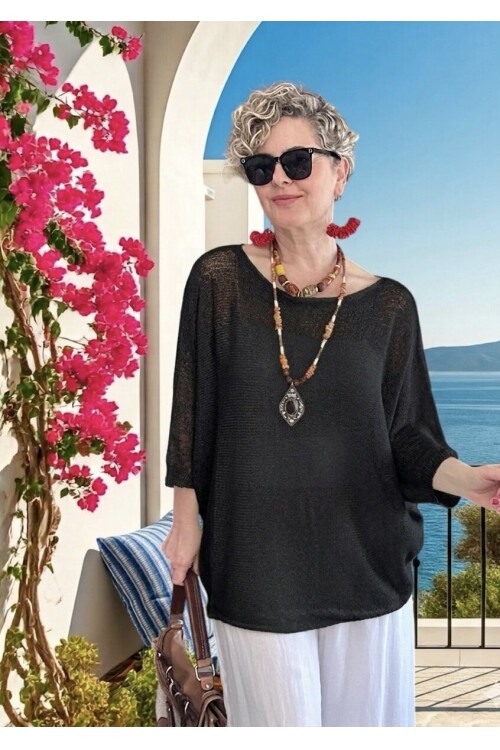 Busse Kayık Yaka Salaş Merserize Bluz Siyah