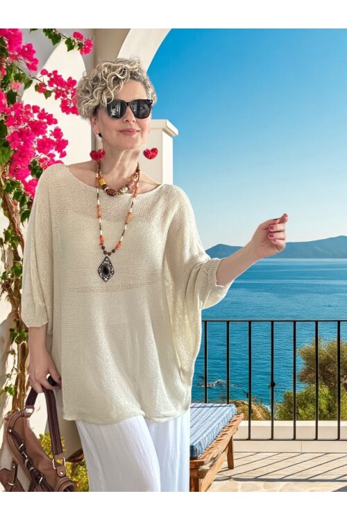 Busse Kayık Yaka Salaş Merserize Bluz Taş