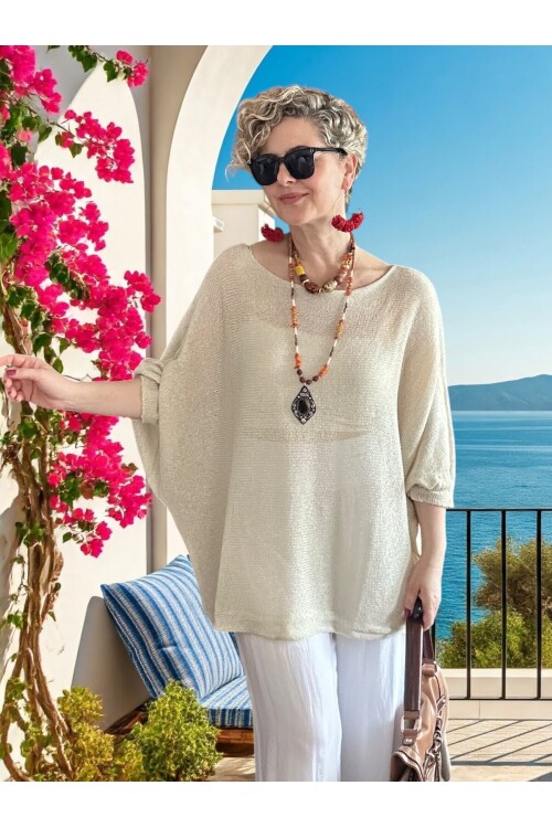 Busse Kayık Yaka Salaş Merserize Bluz Taş