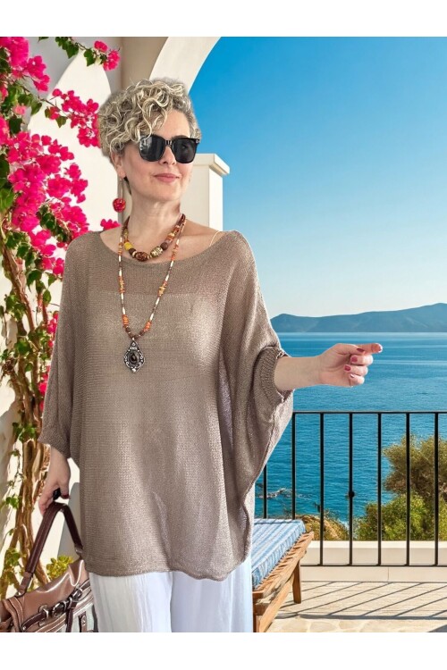 Busse Kayık Yaka Salaş Merserize Bluz Vizon