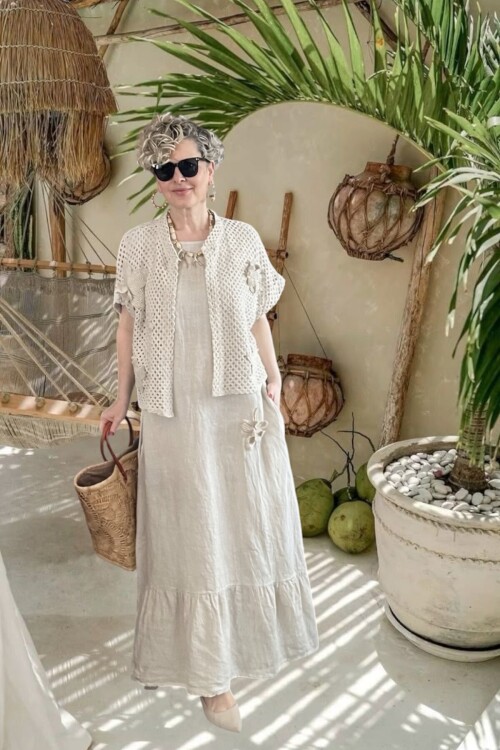 Canne Düz İthal %100 Keten Elbise & Örgü Hırka Takım Bej