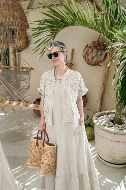 Canne Düz İthal %100 Keten Elbise & Örgü Hırka Takım Bej