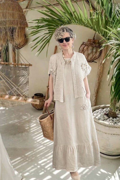 Canne Düz İthal %100 Keten Elbise & Örgü Hırka Takım Bej