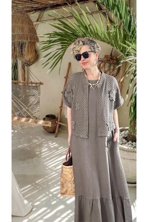 Canne Düz İthal %100 Keten Elbise & Örgü Hırka Takım Fango