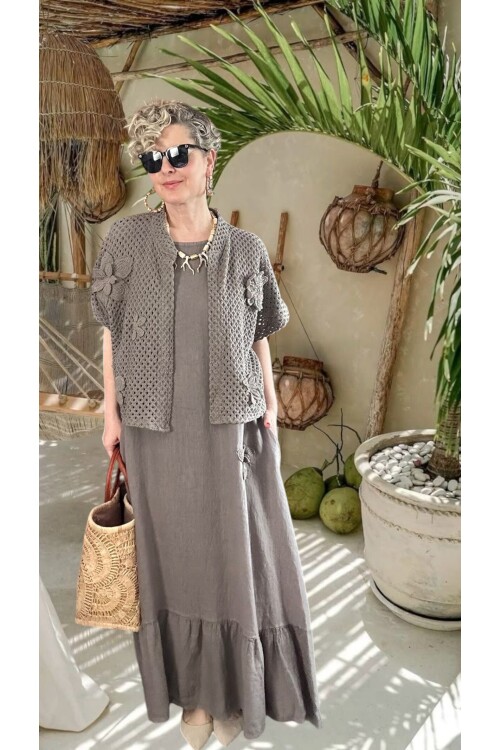 Canne Düz İthal %100 Keten Elbise & Örgü Hırka Takım Fango
