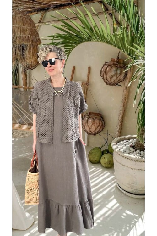 Canne Düz İthal %100 Keten Elbise & Örgü Hırka Takım Fango
