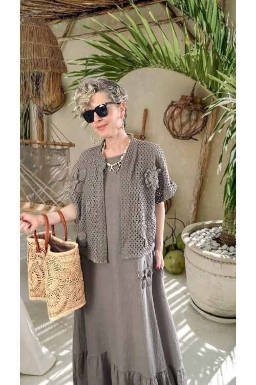 Canne Düz İthal %100 Keten Elbise & Örgü Hırka Takım Fango