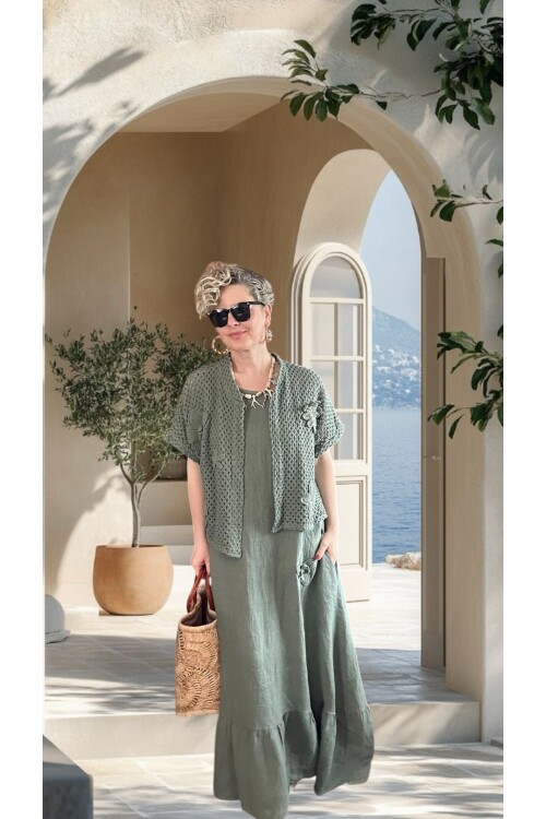 Canne Düz İthal %100 Keten Elbise & Örgü Hırka Takım Haki