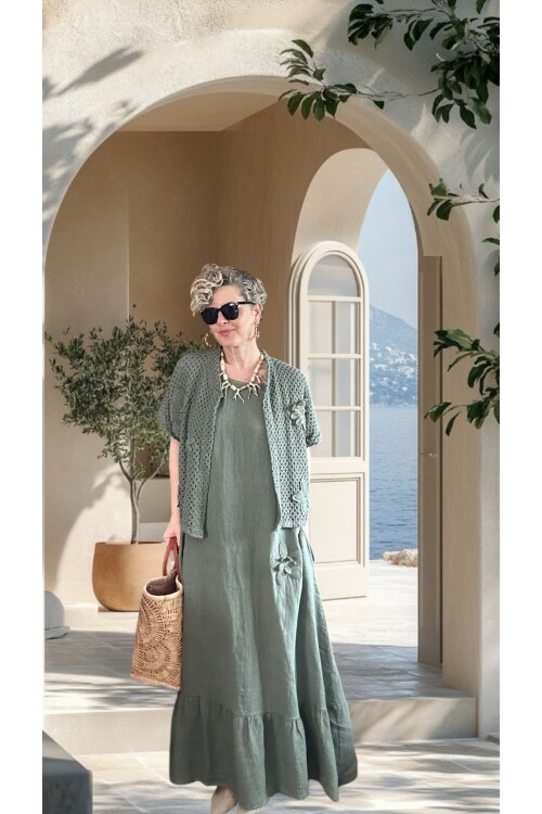 Canne Düz İthal %100 Keten Elbise & Örgü Hırka Takım Haki