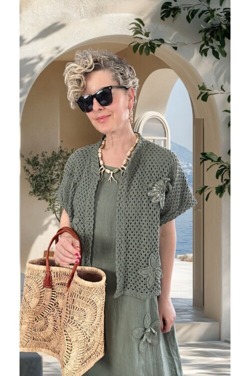 Canne Düz İthal %100 Keten Elbise & Örgü Hırka Takım Haki