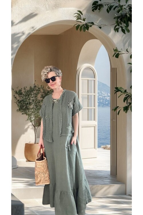 Canne Düz İthal %100 Keten Elbise & Örgü Hırka Takım Haki