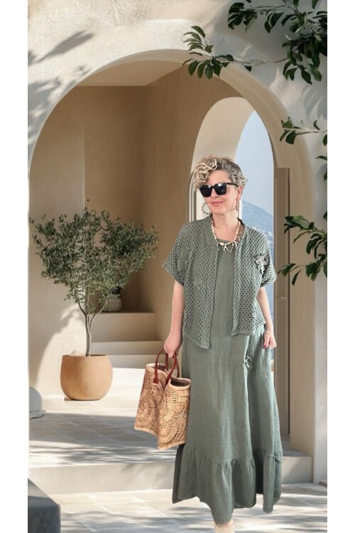 Canne Düz İthal %100 Keten Elbise & Örgü Hırka Takım Haki