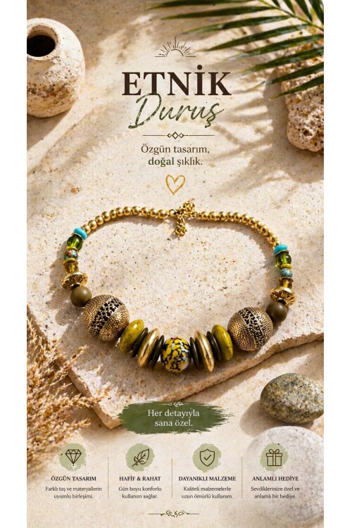 Cintura  Pirinç Cam Etnik Kolye Safran