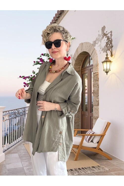 Clara Yan Düğme Detaylı Pamuklu Truvakar Tunik Gömlek Haki