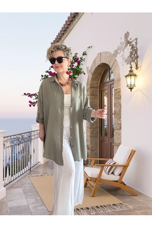 Clara Yan Düğme Detaylı Pamuklu Truvakar Tunik Gömlek Haki