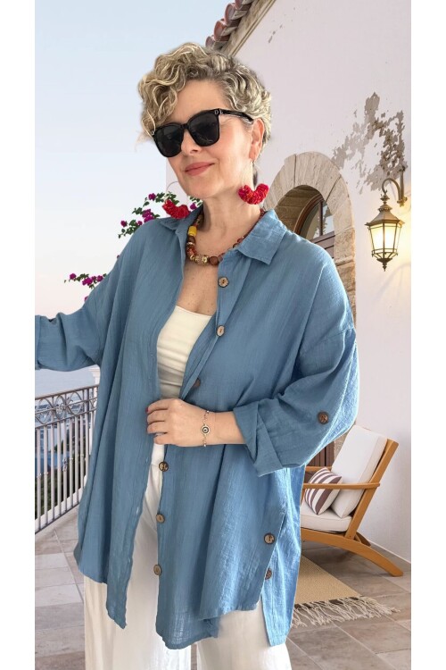Clara Yan Düğme Detaylı Pamuklu Truvakar Tunik Gömlek İndigo