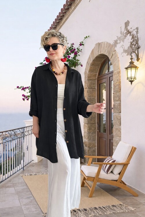 Clara Yan Düğme Detaylı Pamuklu Truvakar Tunik Gömlek Siyah