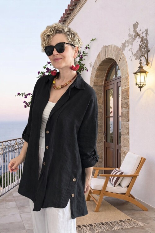 Clara Yan Düğme Detaylı Pamuklu Truvakar Tunik Gömlek Siyah